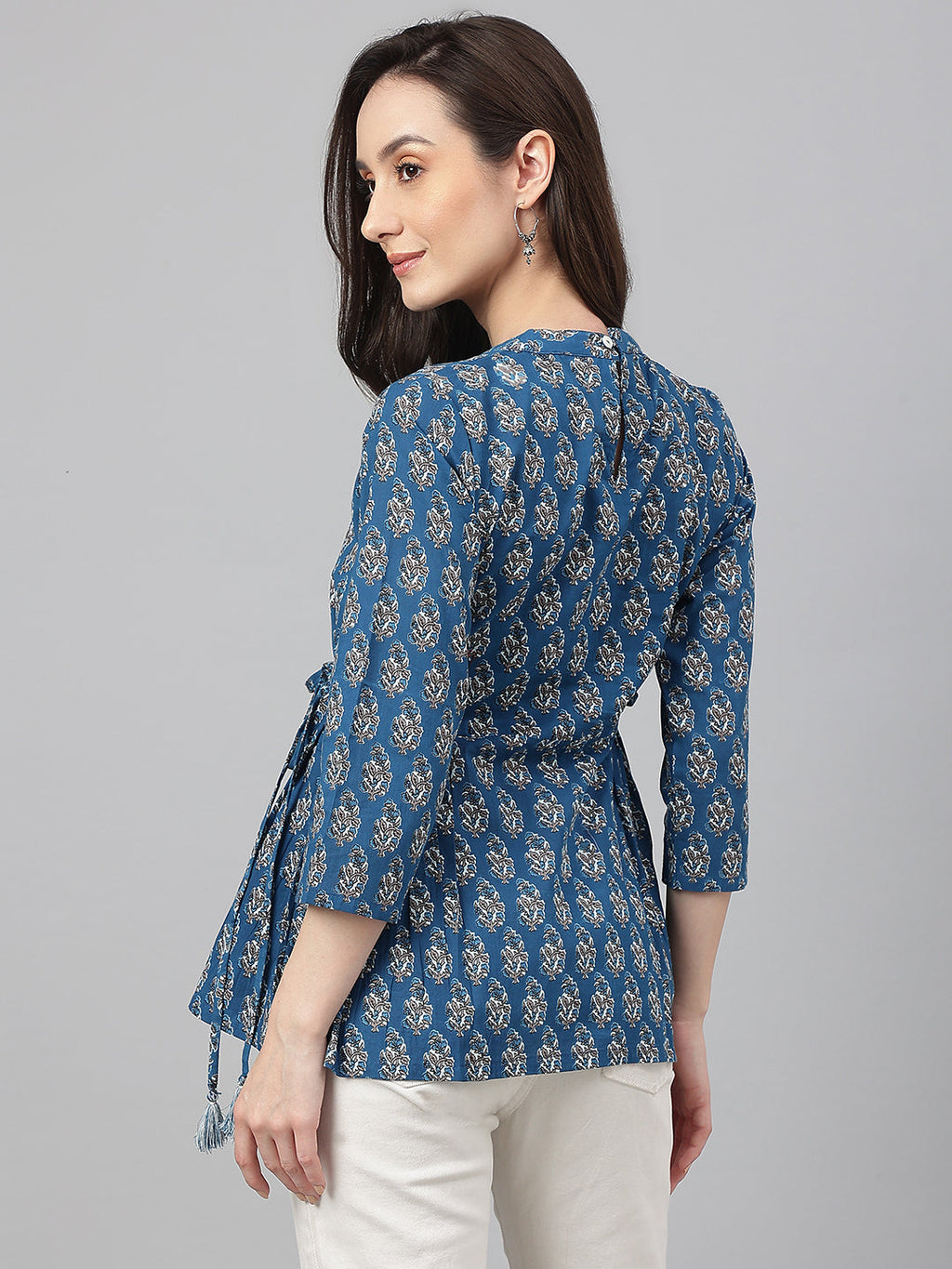Janasya Women's Teal Cotton Floral Print Flared Top - Distacart