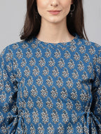 Janasya Women's Teal Cotton Floral Print Flared Top - Distacart