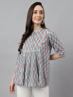 Janasya Women's Aqua Blue Cotton Floral Print A-Line Top - Distacart