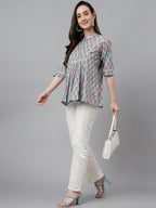 Janasya Women's Aqua Blue Cotton Floral Print A-Line Top - Distacart