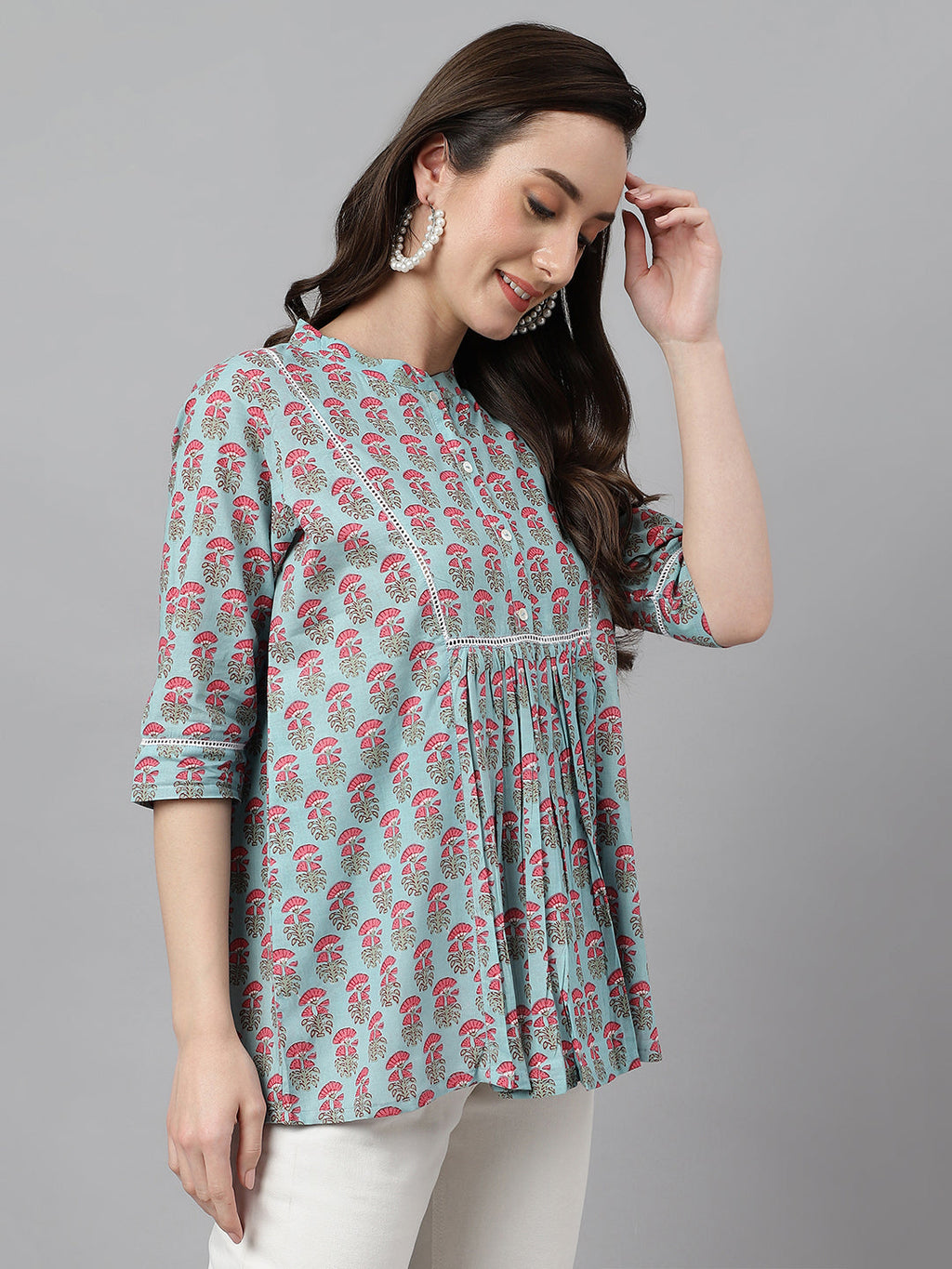 Janasya Women's Aqua Blue Cotton Floral Print A-Line Top - Distacart