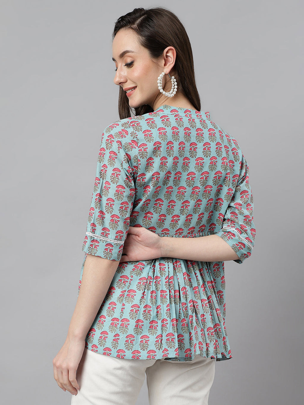 Janasya Women's Aqua Blue Cotton Floral Print A-Line Top - Distacart