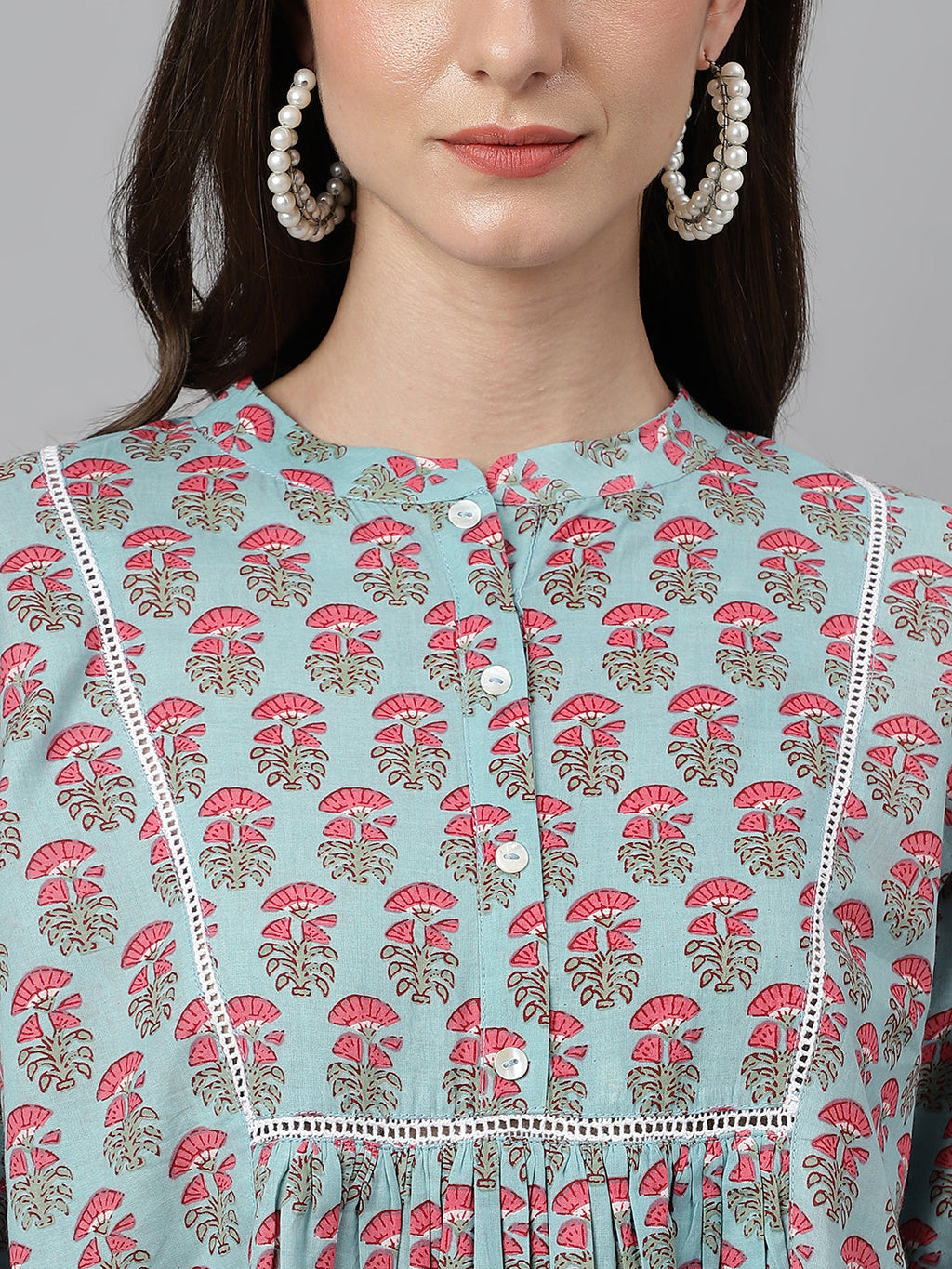 Janasya Women's Aqua Blue Cotton Floral Print A-Line Top - Distacart