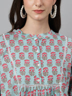 Janasya Women's Aqua Blue Cotton Floral Print A-Line Top - Distacart