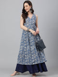 Janasya Women's Blue Cotton Floral Printed Casual Flared Kurta
