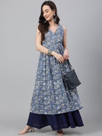 Janasya Women's Blue Cotton Floral Printed Casual Flared Kurta