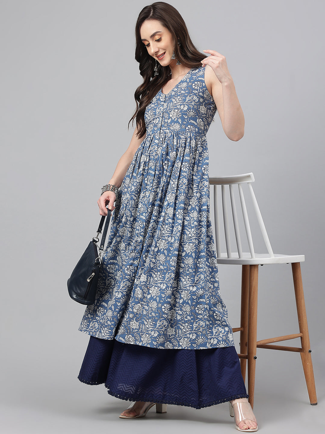Janasya Women's Blue Cotton Floral Printed Casual Flared Kurta