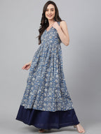 Janasya Women's Blue Cotton Floral Printed Casual Flared Kurta