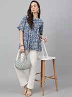 Janasya Women's Blue Cotton Floral Print Flared Top - Distacart