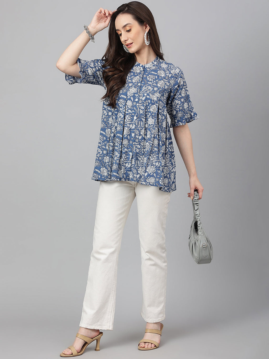 Janasya Women's Blue Cotton Floral Print Flared Top - Distacart