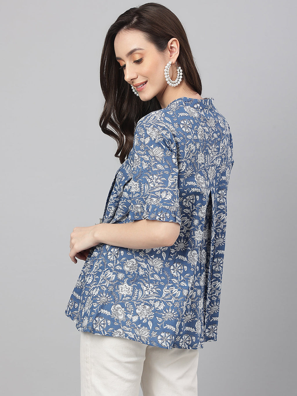 Janasya Women's Blue Cotton Floral Print Flared Top - Distacart