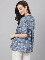 Janasya Women's Blue Cotton Floral Print Flared Top - Distacart