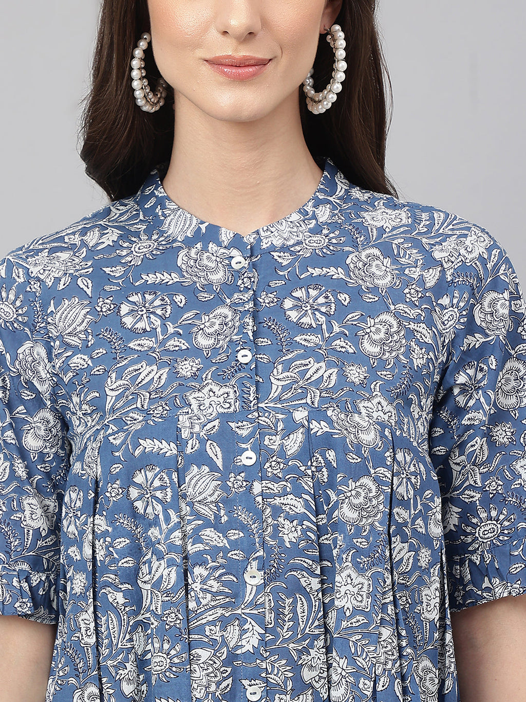 Janasya Women's Blue Cotton Floral Print Flared Top - Distacart