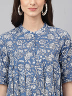 Janasya Women's Blue Cotton Floral Print Flared Top - Distacart