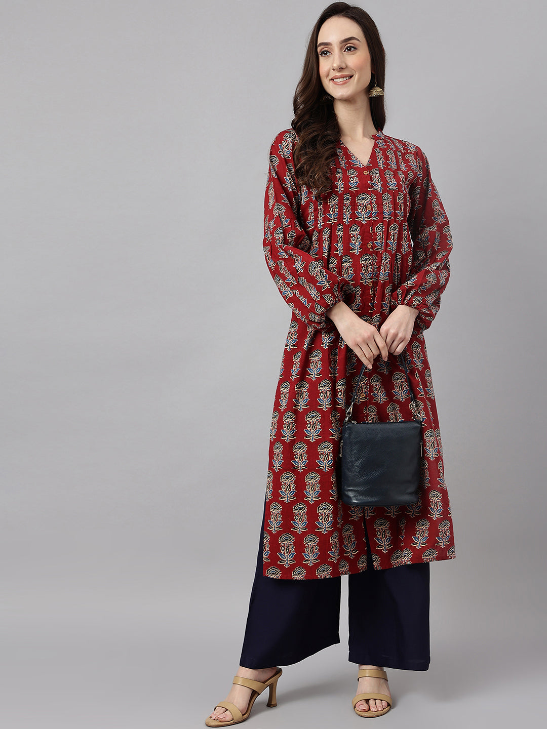 Janasya Women's Maroon Cotton Floral Printed Casual Flared Kurta