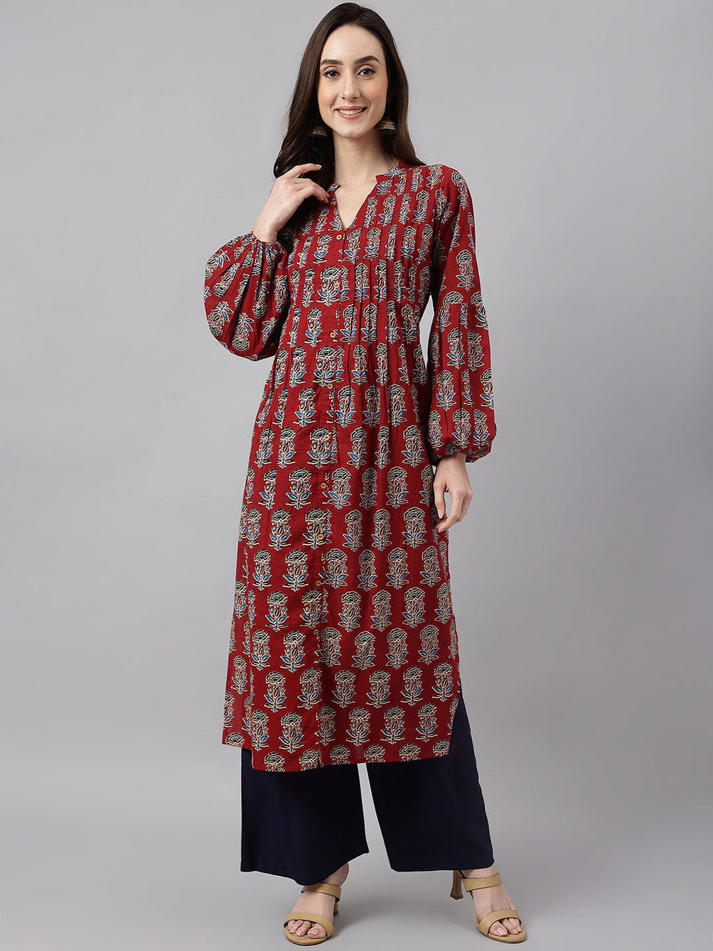 Janasya Women's Maroon Cotton Floral Printed Casual Flared Kurta