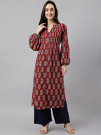 Janasya Women's Maroon Cotton Floral Printed Casual Flared Kurta