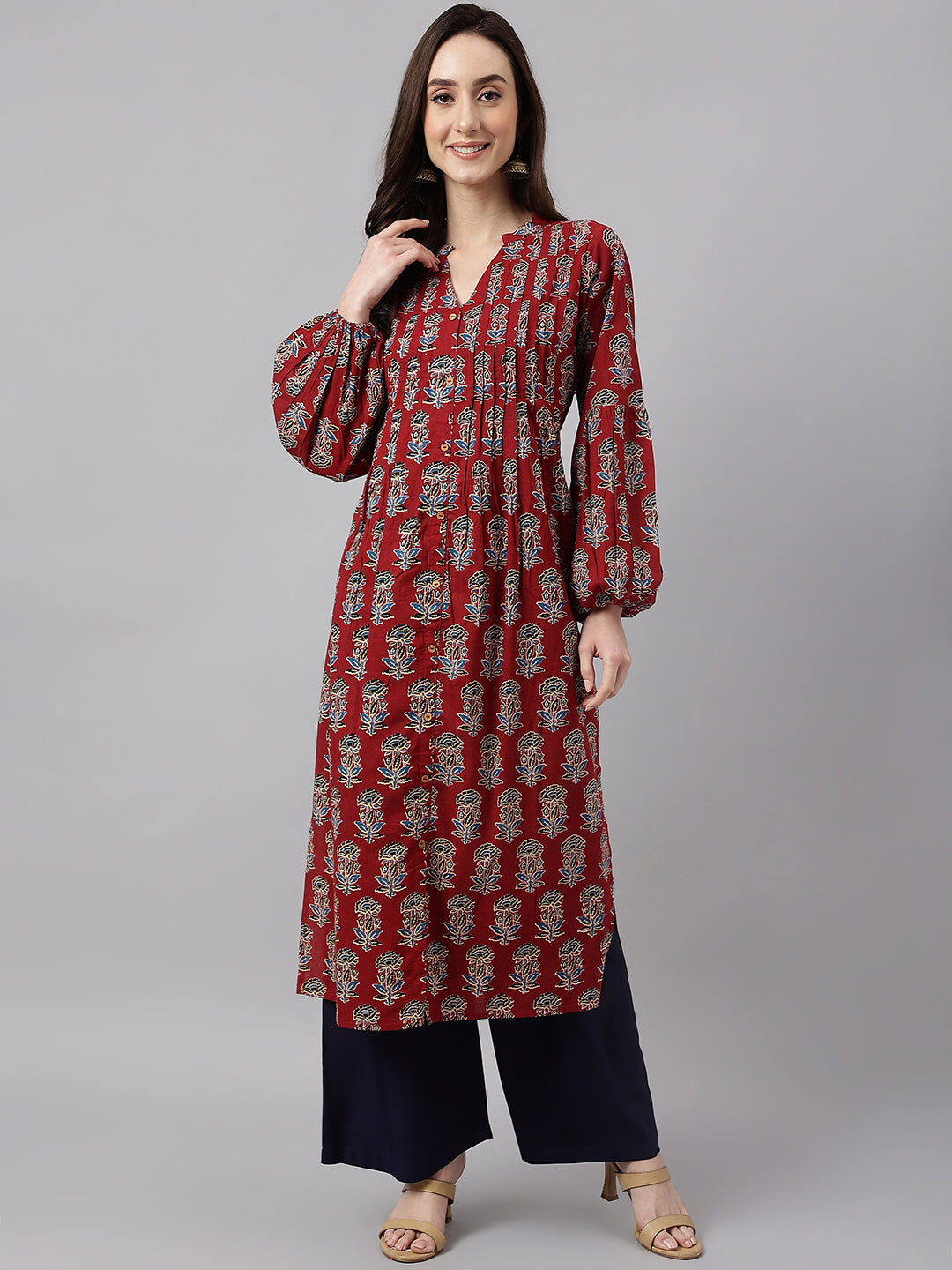 Janasya Women's Maroon Cotton Floral Printed Casual Flared Kurta
