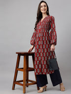 Janasya Women's Maroon Cotton Floral Printed Casual Flared Kurta