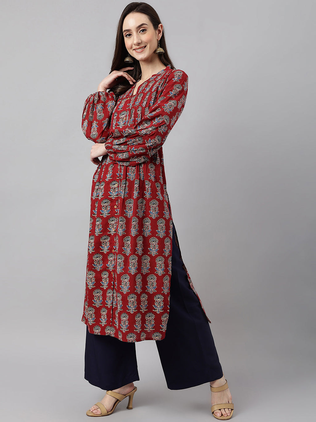 Janasya Women's Maroon Cotton Floral Printed Casual Flared Kurta