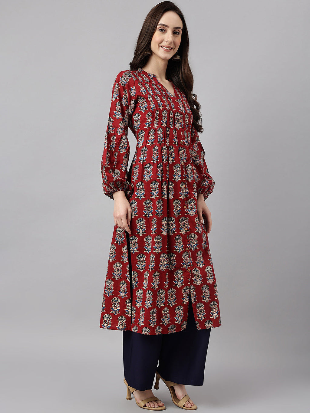 Janasya Women's Maroon Cotton Floral Printed Casual Flared Kurta