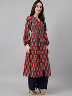 Janasya Women's Maroon Cotton Floral Printed Casual Flared Kurta