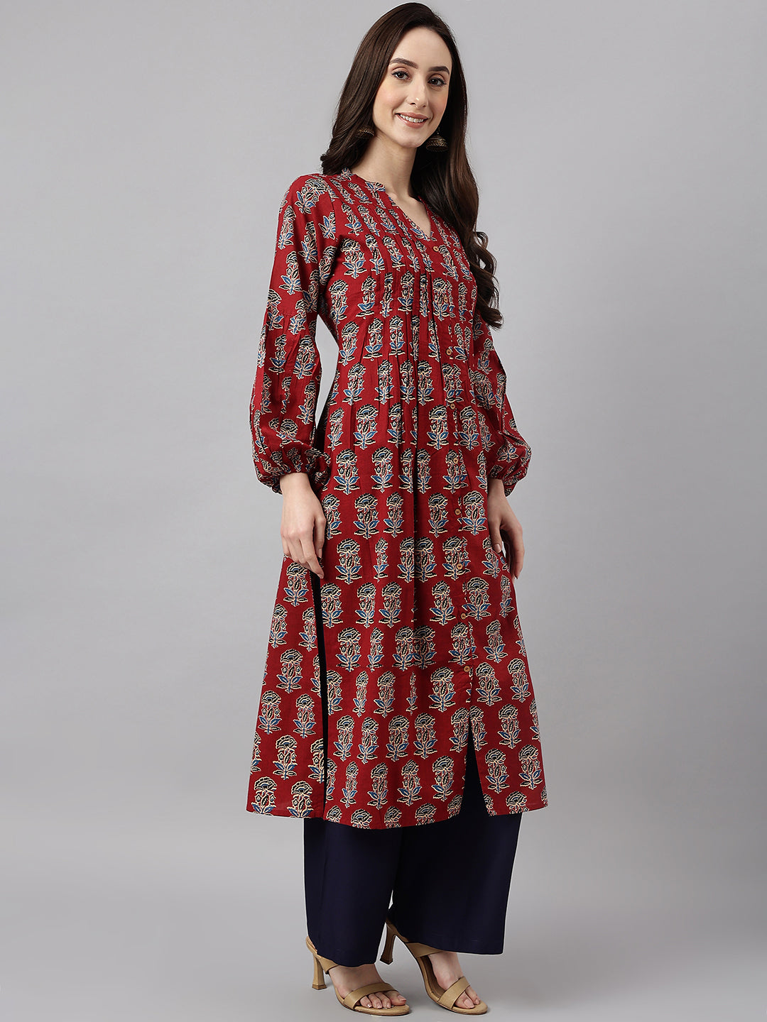 Janasya Women's Maroon Cotton Floral Printed Casual Flared Kurta