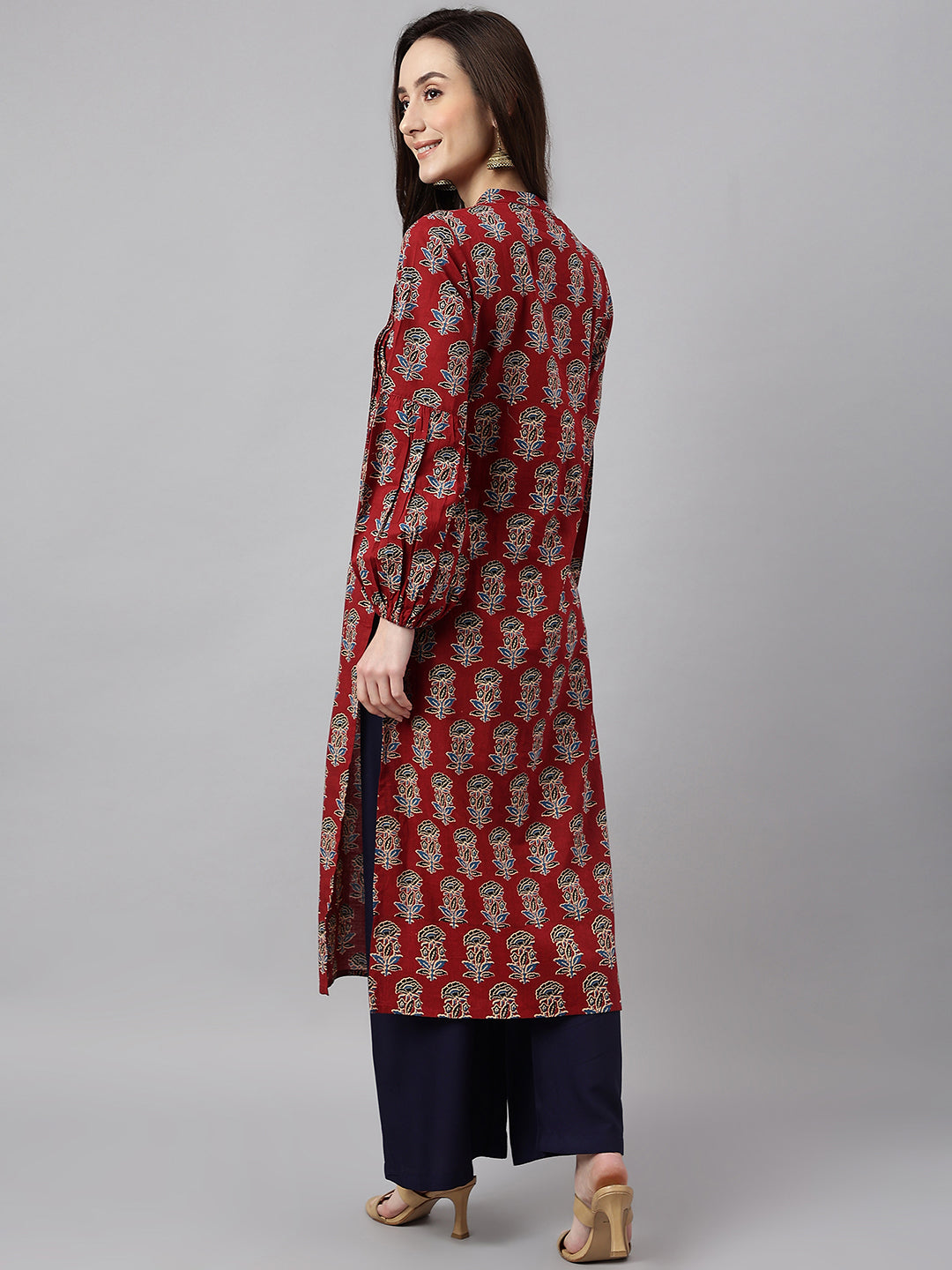 Janasya Women's Maroon Cotton Floral Printed Casual Flared Kurta