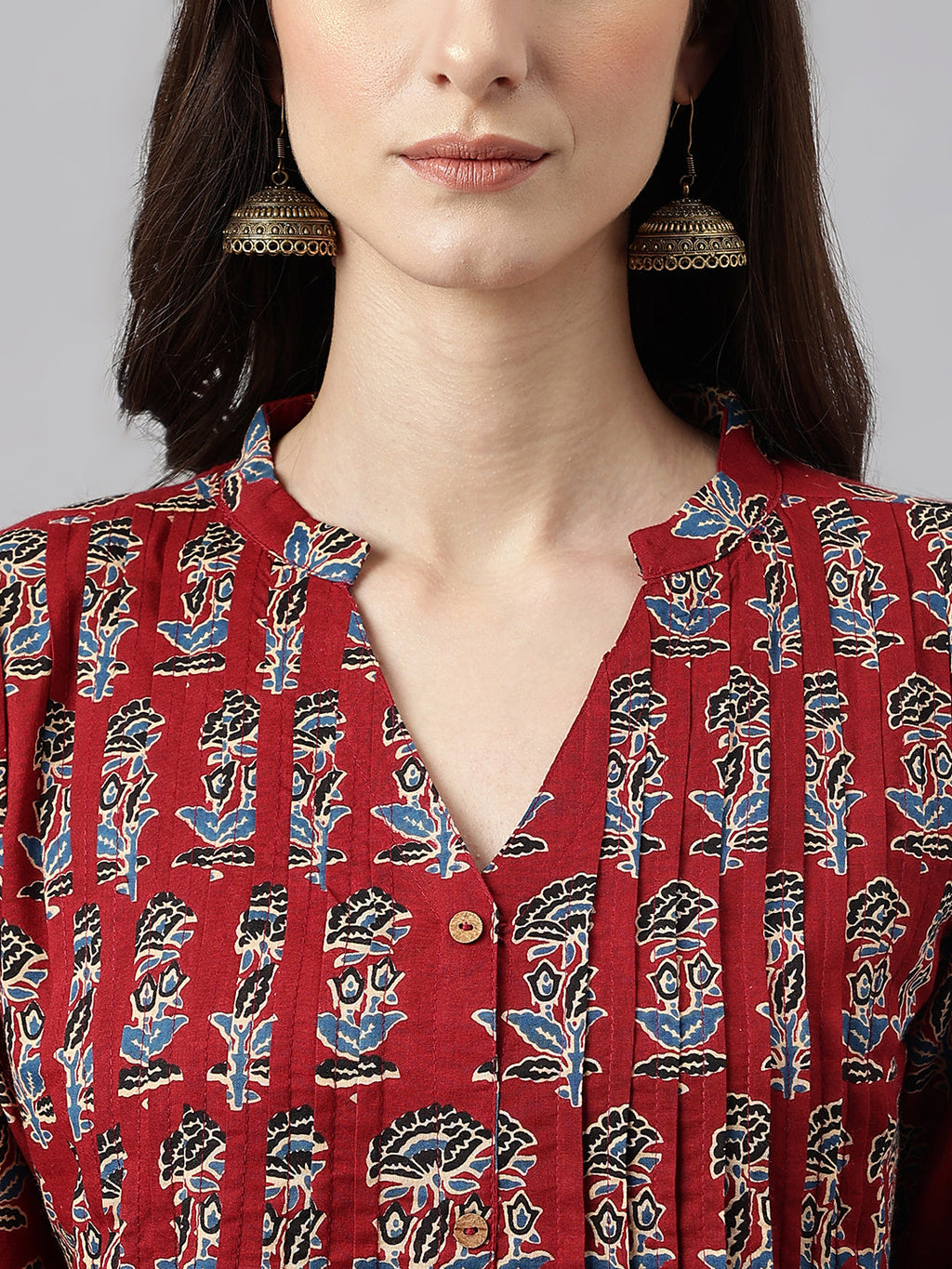 Janasya Women's Maroon Cotton Floral Printed Casual Flared Kurta