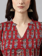 Janasya Women's Maroon Cotton Floral Printed Casual Flared Kurta