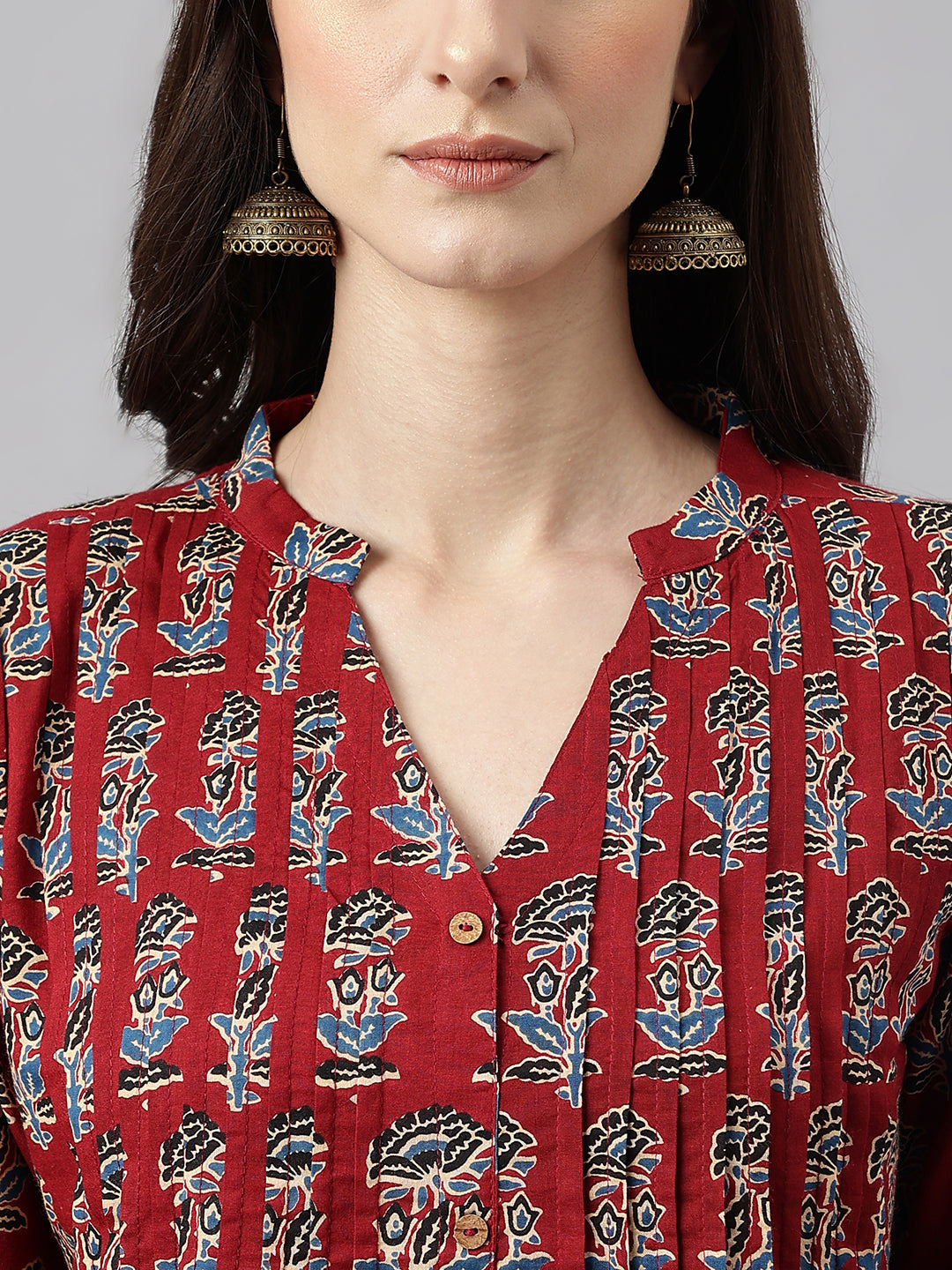 Janasya Women's Maroon Cotton Floral Printed Casual Flared Kurta