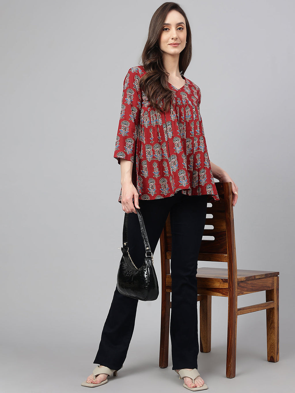 Janasya Women's Maroon Cotton Floral Block Print Flared Top