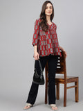 Janasya Women's Maroon Cotton Floral Block Print Flared Top