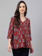 Janasya Women's Maroon Cotton Floral Block Print Flared Top