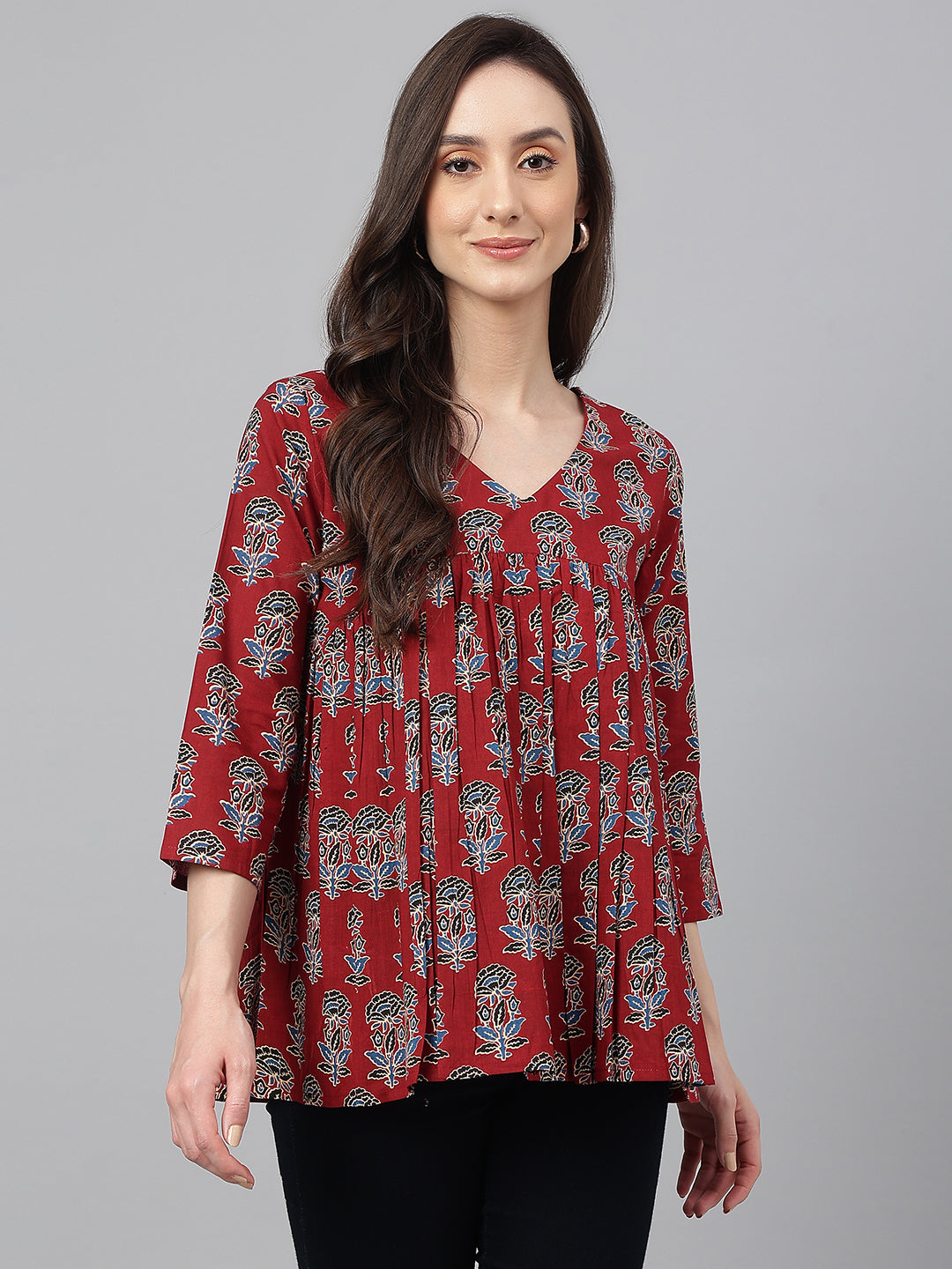 Janasya Women's Maroon Cotton Floral Block Print Flared Top