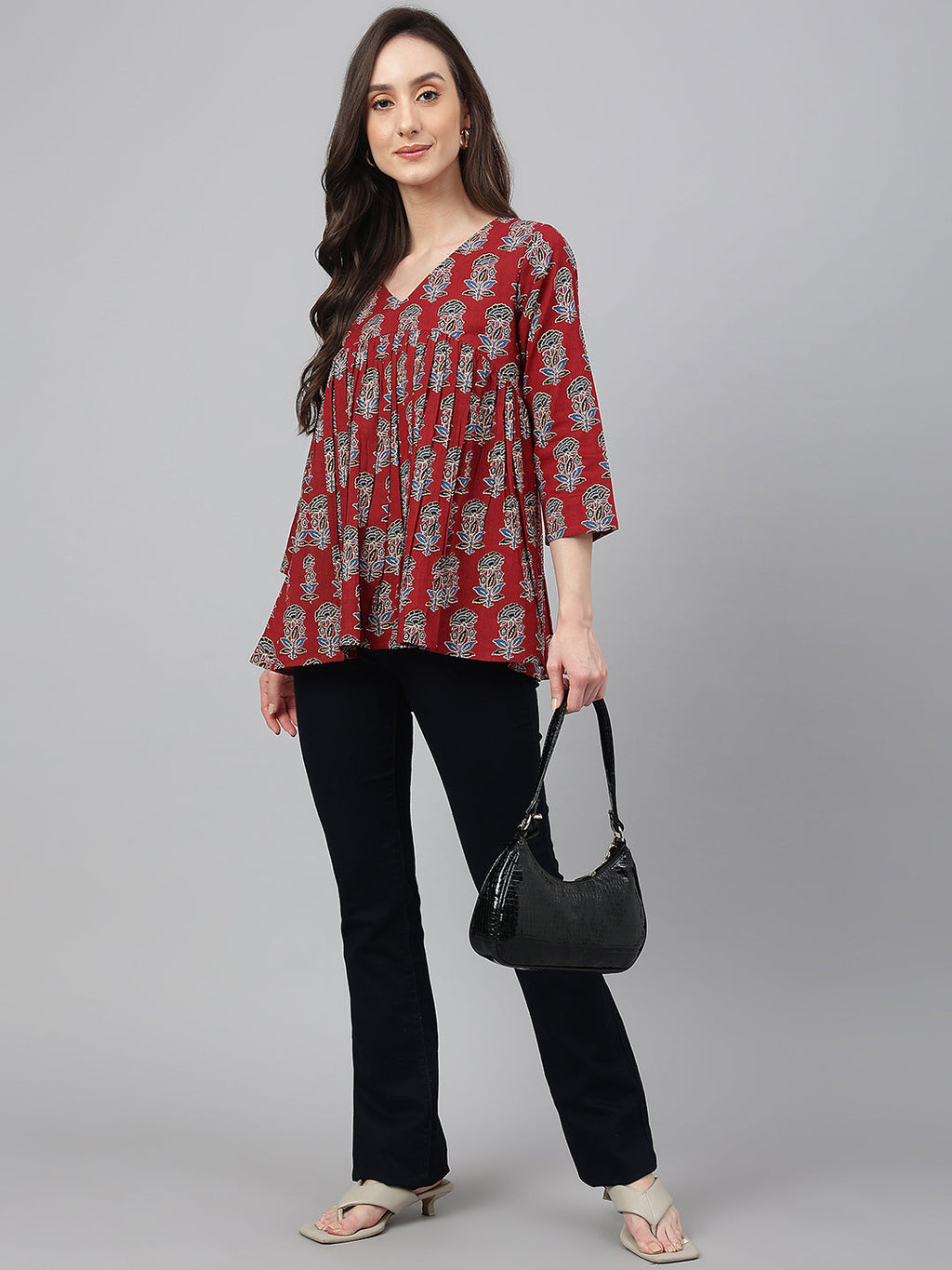 Janasya Women's Maroon Cotton Floral Block Print Flared Top