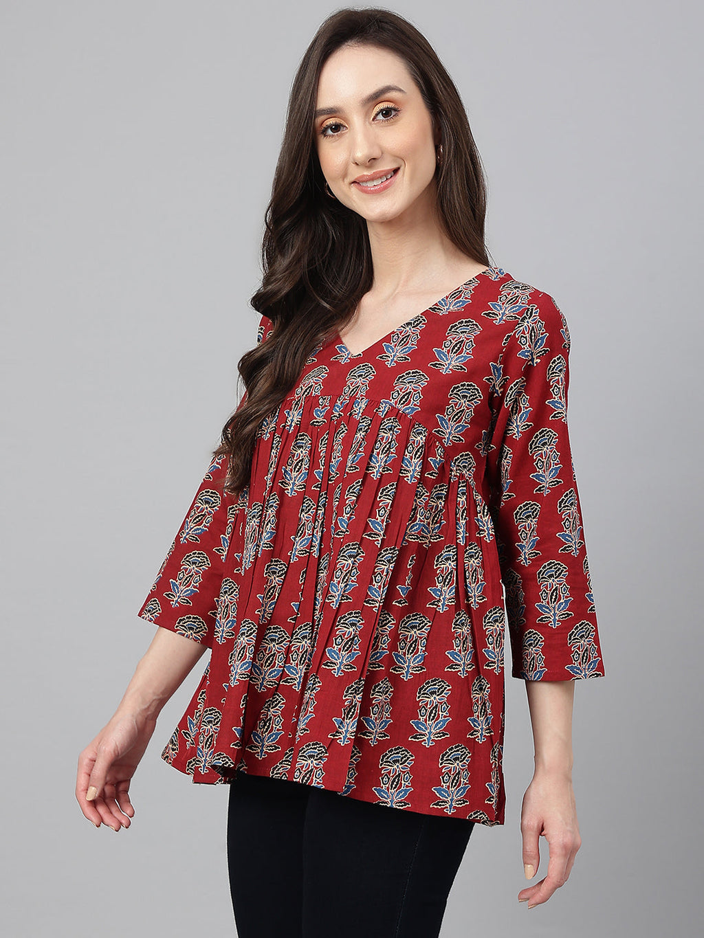 Janasya Women's Maroon Cotton Floral Block Print Flared Top