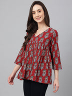 Janasya Women's Maroon Cotton Floral Block Print Flared Top