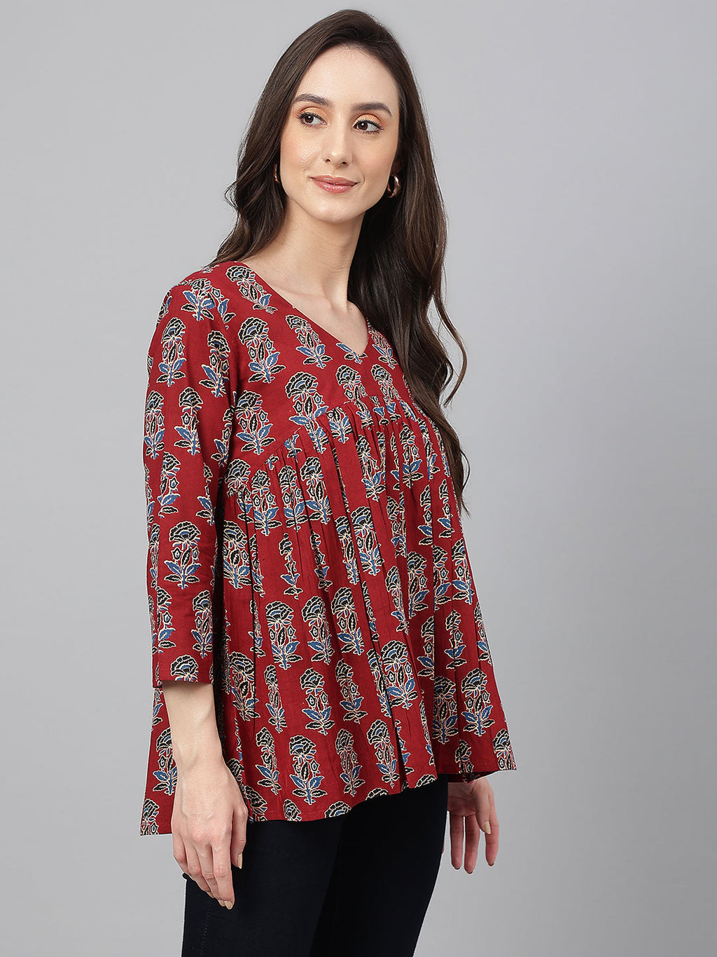 Janasya Women's Maroon Cotton Floral Block Print Flared Top