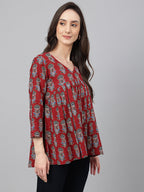 Janasya Women's Maroon Cotton Floral Block Print Flared Top