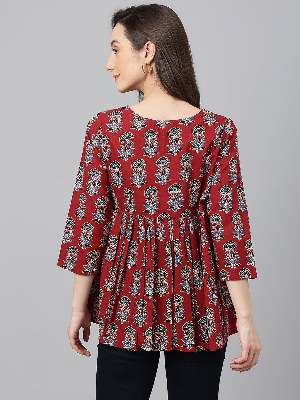 Janasya Women's Maroon Cotton Floral Block Print Flared Top