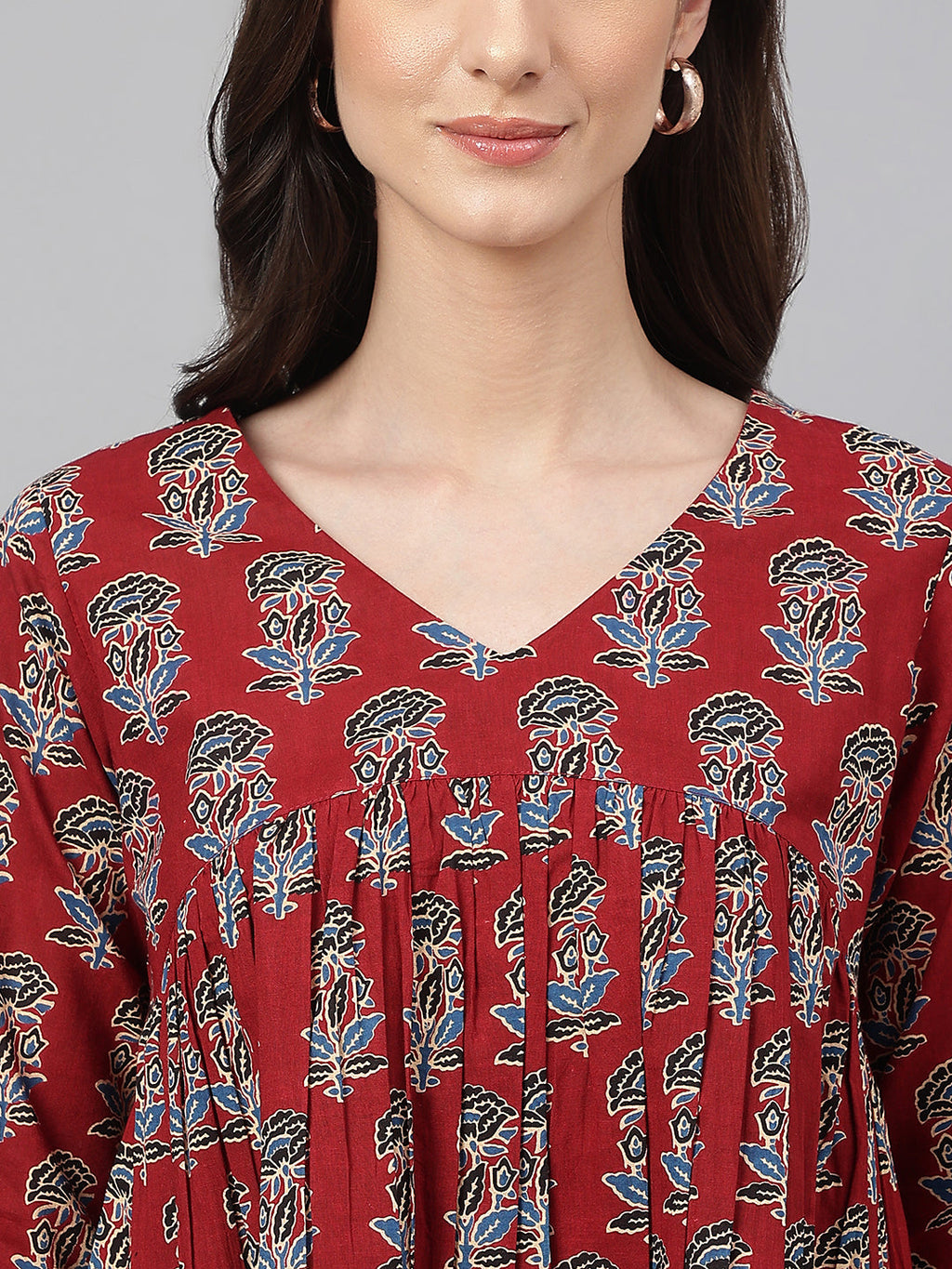 Janasya Women's Maroon Cotton Floral Block Print Flared Top