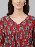 Janasya Women's Maroon Cotton Floral Block Print Flared Top