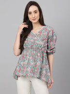 Janasya Women's Aqua Blue Cotton Floral Print Peplum Top - Distacart