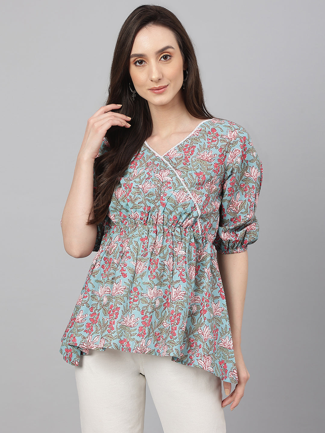 Janasya Women's Aqua Blue Cotton Floral Print Peplum Top - Distacart