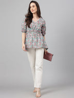 Janasya Women's Aqua Blue Cotton Floral Print Peplum Top - Distacart
