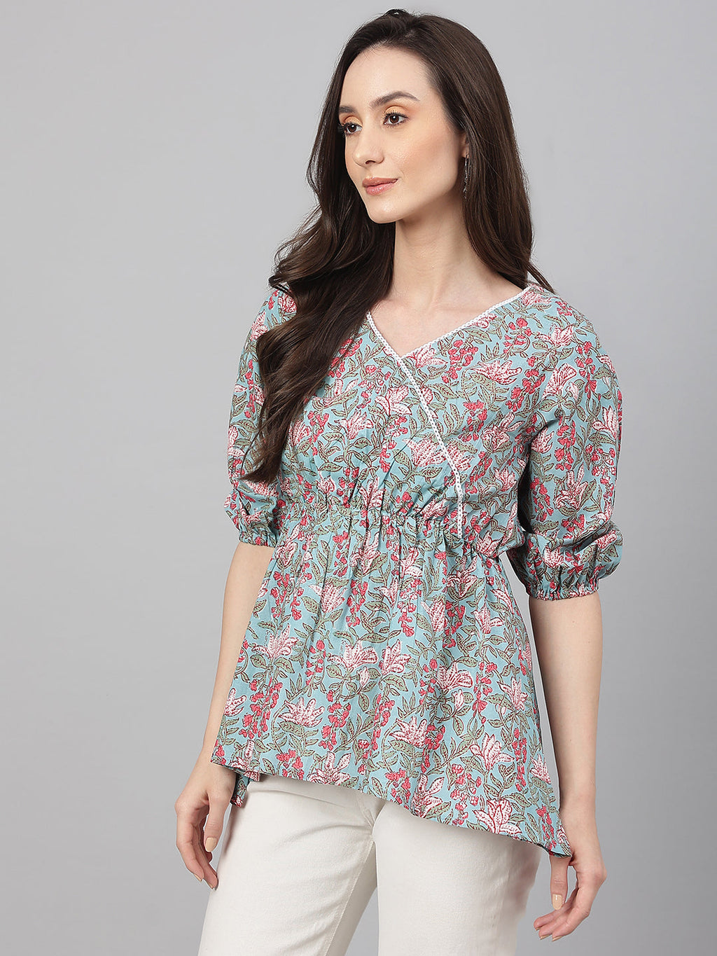 Janasya Women's Aqua Blue Cotton Floral Print Peplum Top - Distacart