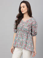 Janasya Women's Aqua Blue Cotton Floral Print Peplum Top - Distacart