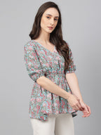 Janasya Women's Aqua Blue Cotton Floral Print Peplum Top - Distacart