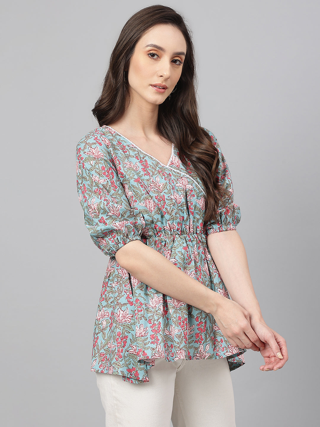 Janasya Women's Aqua Blue Cotton Floral Print Peplum Top - Distacart